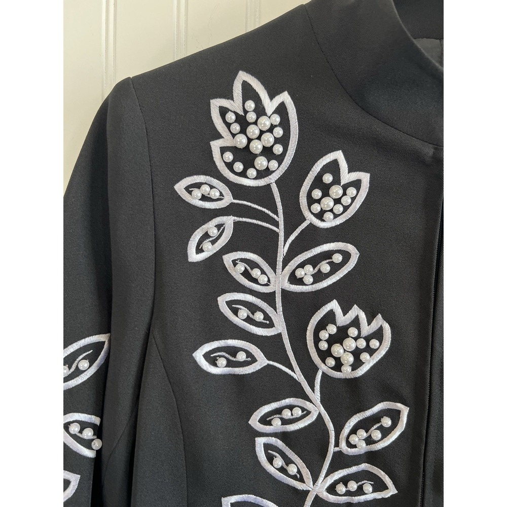 victor costa occasion jacket Women XS Black With White Flowers VTG Embroidered - Picture 2 of 12